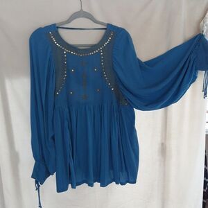 Anandas Collection Blue embroidery Peasant Tunic Mini Dress Bohemian NWT